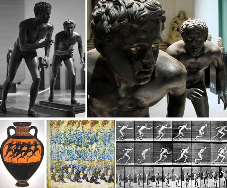 Sopra: I Corridori di Ercolano, I. sec. a.C., bronzo, Ercolano, Villa dei Papiri. Napoli, Museo Archeologico. Sotto: anfora greca dipinta a figure nere con atleti impegnati nella corsa, attribuita al pittore Euphiletos, 530 a.C., MoMA. Giacomo Balla, Bambina che corre sul balcone, 1912, Milano, Museo del Novecento, Collezione Grassi. Eadweard Muybridge, The Human figure in motion, cronofotografia, 1879.
