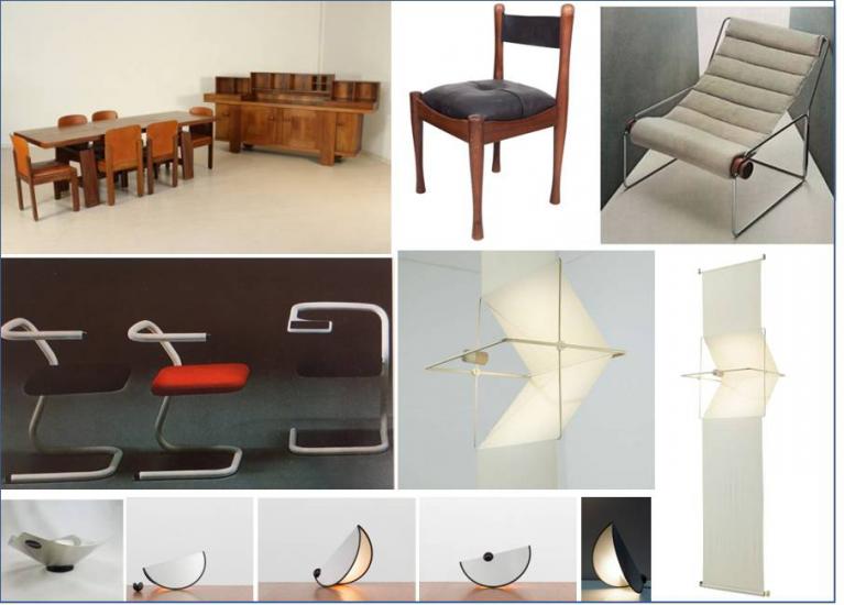 In alto da sinistra: arredi in legno di noce (Bernini 1964) e sedia Modello 620 (Bernini 1964); poltrona Londra 840 (Mobel Italia, 1973); al centro: sedia Gru (Bernini, 1970); lampada Quinta (Artemide, 1979); in basso: ciotola Lobo in foglio d’acciaio (Programma 7, Alessi, 1977); lampada da tavolo Don (Tronconi, 1975).