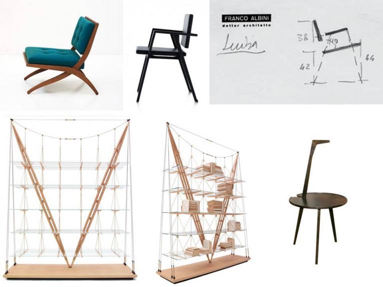 In alto: poltrona Bianca (1930), messa in produzione da Tacchini nel 2012; poltrona Luisa (1949; Compasso d’Oro 1955) prodotta inizialmente da Knoll, poi nel 1955 da Poggi e infine nel 2008 da Cassina; Franco Albini, disegno di progetto della poltrona Luisa. In basso: due vedute della libreria il Veliero (1938), unico prototipo per casa Albini, messa in produzione nel 2011 da Cassina; tavolino portatile Cicognino (1953) inizialmente prodotto da Poggi e nel 2008 da Cassina, in cui «una delle gambe si prolunga fino a diventare manico e ne rende assai agevole il trasporto. Il piano di appoggio è contornato da una lamina di legno così da diventare vassoio» (dalla relazione di progetto).
