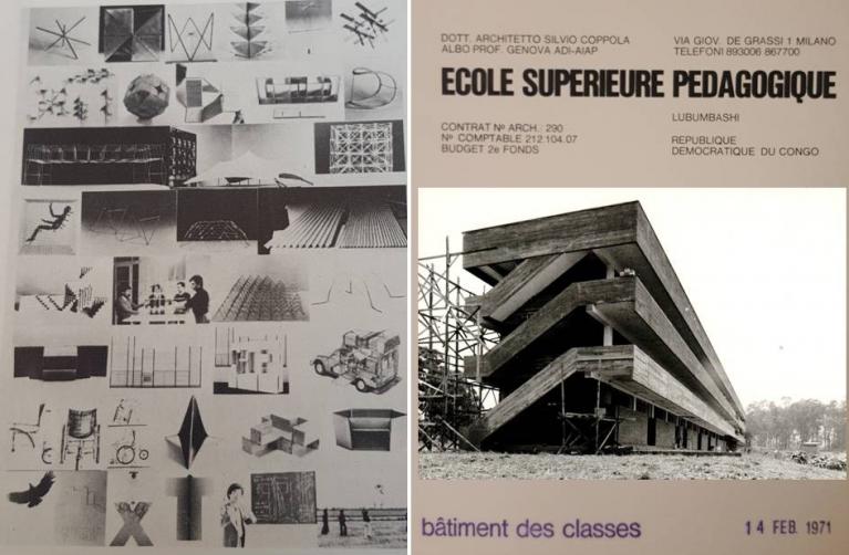 A sinistra: Silvio Coppola, ricerca sperimentale di un metodo di insegnamento, Accademia delle Belle Arti di Carrara; segnalato XI Premio Compasso d’oro, 1979. A destra: Silvio Coppola, 1971, Lubumbashi, École Supérieure Pédagogique, Copertina della Relazione di progetto con foto di un corpo di fabbrica in costruzione. (MIL Sesto San Giovanni. Archivio Giovanni Sacchi. Fondo Silvio Coppola).