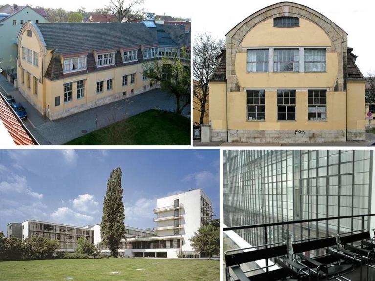 In alto: Weimar, l’edificio progettato da Henry van de Velde per la Scuola granducale d’Arte Applicata della Sassonia che dal 1919 ospitò il Bauhaus. Sotto: Dessau, gli edifici del Bauhaus progettati da Walter Gropius, l’insieme dell’esterno e uno scorcio degli interni in cui si vedono le poltrone Wassili di Marcel Breuer.