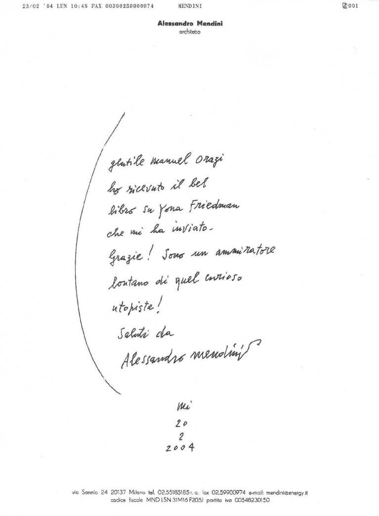 Fax di Alessandro Mendini, spedito dopo aver ricevuto una copia di Utopie realizzabili, 2003.