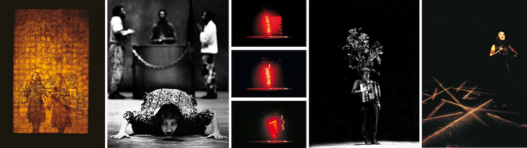 Cinque esempi di fotografie di scena del Teatro delle Albe, tratti ciascuno da un differente opus di Cellula, foto di E. Fedrigoli, M. Buscarino, M. Caselli Nirmal.