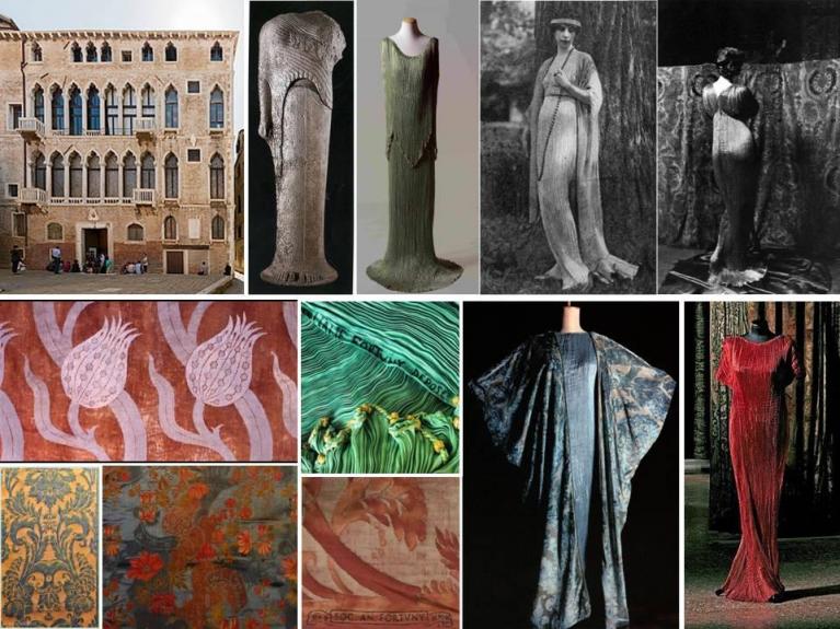 In alto: Palazzo Pesaro degli Orfei ora Fortuny; Era di Samo, 570 a.C, Parigi Louvre che indossa il chitone e l’himation entrambi i capi sono stati reinterpretati da Fortuny nelle sue creazioni; Mariano Fortuny, abito Delphos; lady Conde Nast indossa un abito Delphos, 1907; Isadora Duncan indossa un abito Delphos, 1910, ph. di Mariano Fortuny. In basso a sinistra: tessuti di mariano Fortuny; a destra: altre due versioni dell’abito Delphos, la prima con himation in broccato veneziano reinventato da Fortuny.