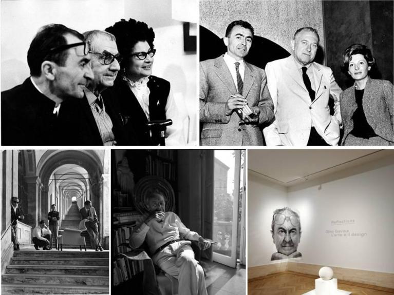 In alto: Dino Gavina (a sinistra), Marcel Breuer (al centro) e Maria Simoncini (a destra) a Bologna (1963). Dino Gavina (a sinistra), Man Ray (al centro) e Juliette Browner (a destra) alla presentazione del Centro Duchamp (1969). Foto © Walter Breviglieri. In basso: Dino Gavina, Achille e Pier Giacomo Castiglioni e Michele Provinciali fotografati accanto alla poltrona Sanluca sotto il portico di San Luca a Bologna, 1960. © Mauro Masera. Dino Gavina seduto sulla Margarita di Sebastian Matta. L’incipit della mostra Reflections allestita alla GNAM.