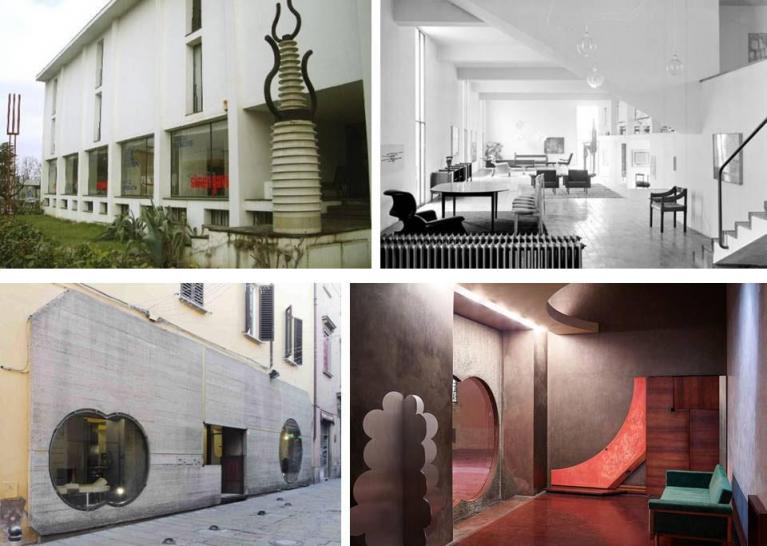 In alto: la sede della Gavina a San Lazzaro di Savena (Bo), progettata tra il 1959 e il 1960 dai fratelli Castiglioni che crearono uno spazio su più livelli, con un interrato per uffici e servizi. La scultura di un’enorme valvola ceramica che precede l’ingresso è opera dall’architetto giapponese Kazuhide Takahama, creata per il padiglione del Sol Levante alla XI Triennale di Milano del 1956. In basso: il negozio Gavina di Bologna progettato da Carlo Scarpa nel 1960.