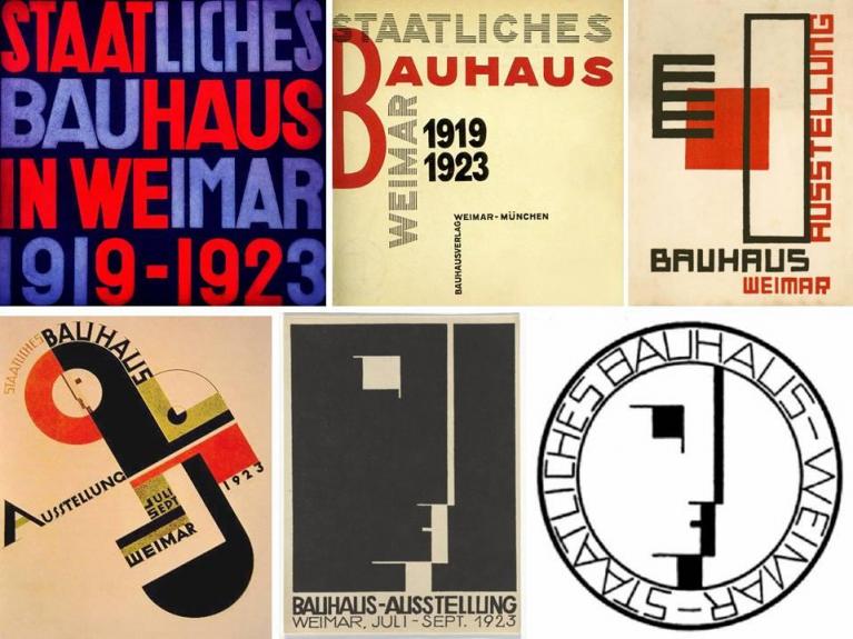 In alto: Herbert Bayer (a quella data ancora studente e poi, dal 1925, giovane maestro) e László Moholy-Nagy, copertina del catalogo della mostra del Bauhaus, Weimar, 1923. È il primo libro pubblicato dal Bauhaus. Tipografia di László Moholy-Nagy; design di Herbert Bayer. Testi di Gropius, Klee, Kandinsky, Moholy-Nagy, Schlemmer e Grunow); contro copertina del medesimo catalogo; Kurt Schmidt, locandina per la mostra del Bauhaus a Weimar, 1923. Sotto: Joost Schmidt, Manifesto per la mostra del Bauhaus, 1923; Herbert Bayer, biglietto d'invito alla Mostra del Bauhaus, Weimar, 1923; Herbert Bayer, logo del Bauhaus di Weimar. La mostra del Bauhaus del 1923, a cui Gropius aveva assegnato il tema “Arte e tecnica, una nuova unità” è stato uno degli eventi culturali più importanti degli anni venti. Fu visitata da quindicimila persone, un record se si pensa alle difficoltà di trasporto per arrivare a Weimar e agli scarsi mezzi di comunicazione pubblicitaria.