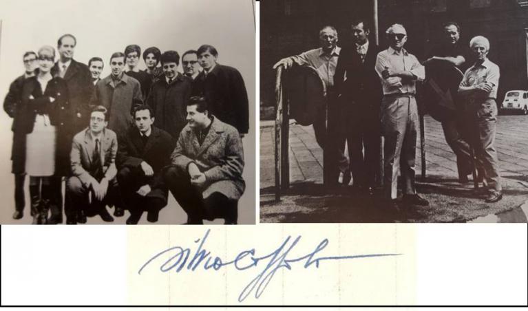 A sinistra: lo staff dello studio di Silvio Coppola in una foto comparsa sul primo numero della rivista Ottagono (1966). A destra: il gruppo ED (Exhibition Design) formato da Franco Grignani, Giulio Confalonieri, Pino Tovaglia, Silvio Coppola e Bruno Munari, in una foto apparsa sul nr. 30 della rivista Ottagono (settembre 1973). Sotto: la firma di Silvio Coppola (MIL Archivio Giovanni Sacchi. Fondo Silvio Coppola)