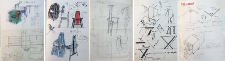 Alcuni schizzi tratti dall'archivio Poggi: a) Vico Magistretti, studi di sedie, 1978 e studi di mobile contenitore, 1984; b) Idem, schizzi della sedia SD75, 1985; c) Idem, schizzi per sedia Barbettis, 1981; d) Marco Zanuso, schizzi per sedia e tavolo, 1974; e) Renzo Piano, studio di sistema a moduli ambientali 69PG robot suono luci informazione, 1969.