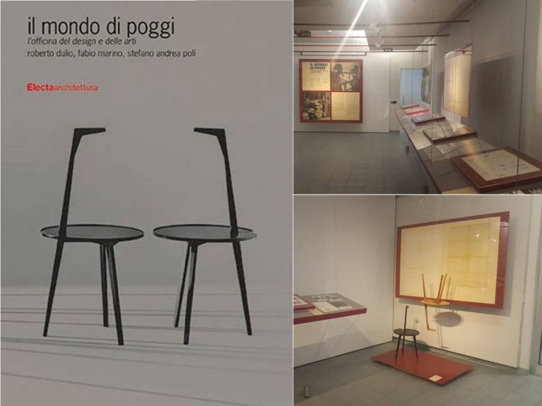 La copertina del libro Il mondo di Poggi, edito da Electaarchitettura e due scorci dell’omonima mostra tenutasi nel 2016 agli Archivi Storici del Politecnico di Milano.