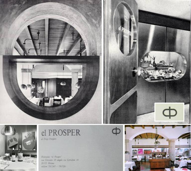 Vedute dell’interno del ristorante el Prosper; nella bussola dell’ingresso, il vetro riprende la forma del logo, come si vede nel biglietto da visita, anch’esso, insieme all’immagine coordinata e all’architettura degli interni, curato da Silvio Coppola. La forma del logo compare anche nell’oblò ma rovesciata.