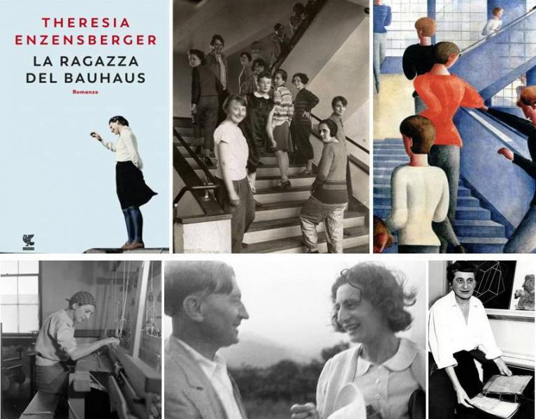 Sopra: La ragazza del Bauhaus, copertina del romanzo; le ragazze del Bauhaus, fotografate da Lux Feininger sulla scala della scuola di Dessau, intorno al 1927; Oskar Schlemmer, Le scale del Bauhaus, olio su tela. Sotto: Anni Albers nel laboratorio di tessitura di Weimar; Josef e Anni ai tempi del Bauhaus; Anni in America intorno agli anni cinquanta.