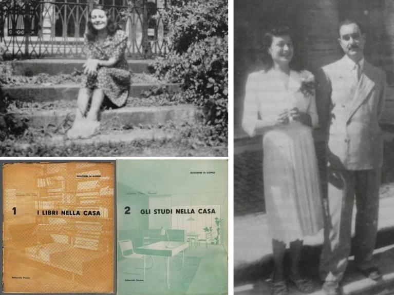 Lina nel giardino del suo studio milanese di Via del Gesù, 14. I numeri 1 e 2 dei Quaderni di Domus. Lina Bo e Pietro Maria Bardi il giorno del loro matrimonio, a Roma, 24 agosto 1946.