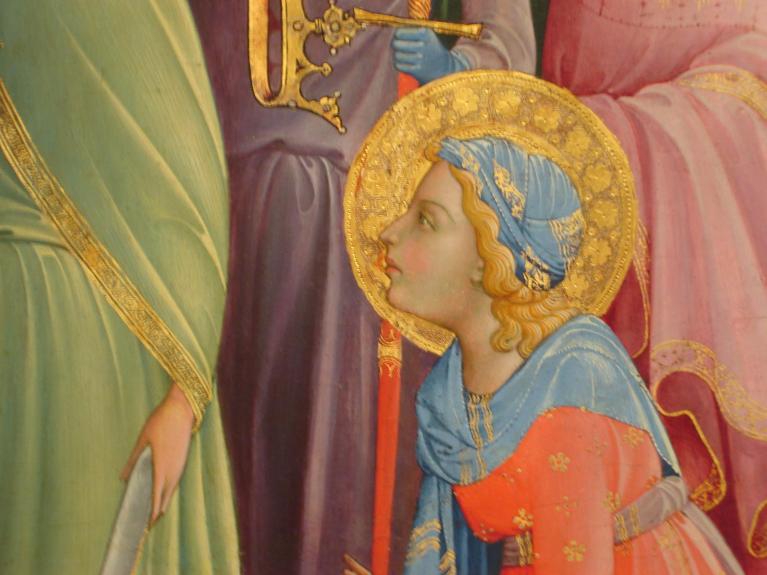 Lorenzo Monaco, Adorazione dei Magi (1422 c.), particolare della regina maga, Firenze, Galleria degli Uffizi.