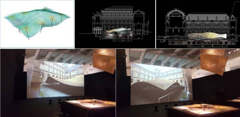 Il modello del velario del Dipartimento di Arti Islamiche del Museo del Louvre, due disegni di progetto e due vedute della Stanza della mostra milanese dove è il grande schermo con il video sonoro.