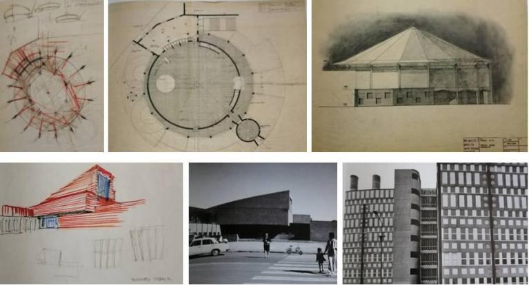 Vico Magistretti. In alto: Milano, Chiesa di Santa Maria Nascente al QT8, 1947-1955, schizzo di studio, planimetria e prospetto. In basso: Municipio di Cusano Milanino, 1966-1969, schizzo di progetto e foto. Milano, Facoltà di Biologia della Università degli Studi, 1978-1981.