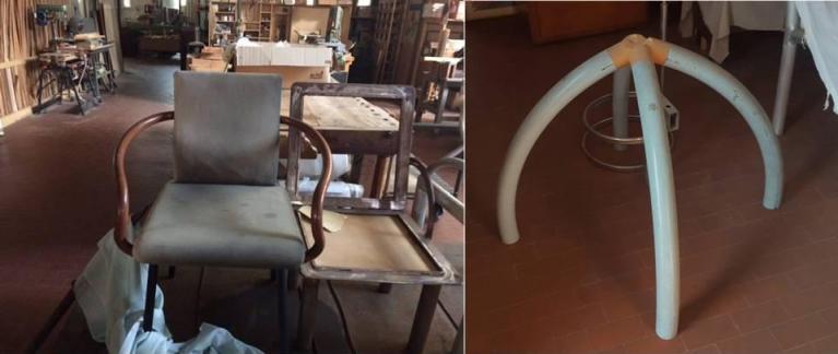 Nel laboratorio dei Pierluigi Ghianda: prototipo della sedia Mandarina e studio delle gambe del tavolo Spider di Ettore Sottsass. (Archivio Ghianda).
