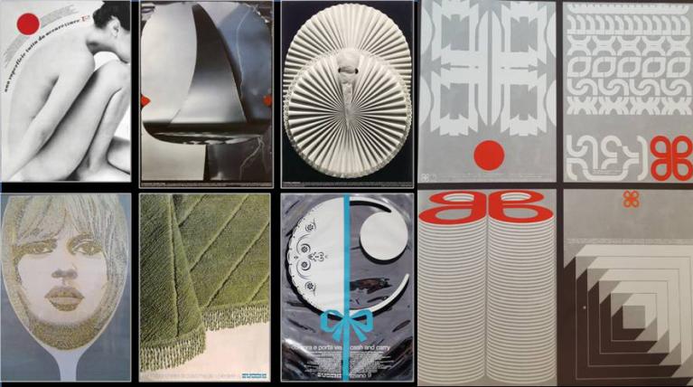 Alcuni manifesti realizzati da Silvio Coppola negli Anni Settanta: in altro tre manifesti per Laminati Plastici e due per Bernini; in basso, da sinistra, il famoso manifesto concepito insieme a Luigi Veronelli nel 1977: “In ogni bicchiere di vino l’immagine di una giovane donna”; due manifesti per Zucchi, e due per Bernini (Archivio Coppola, AIAP)
