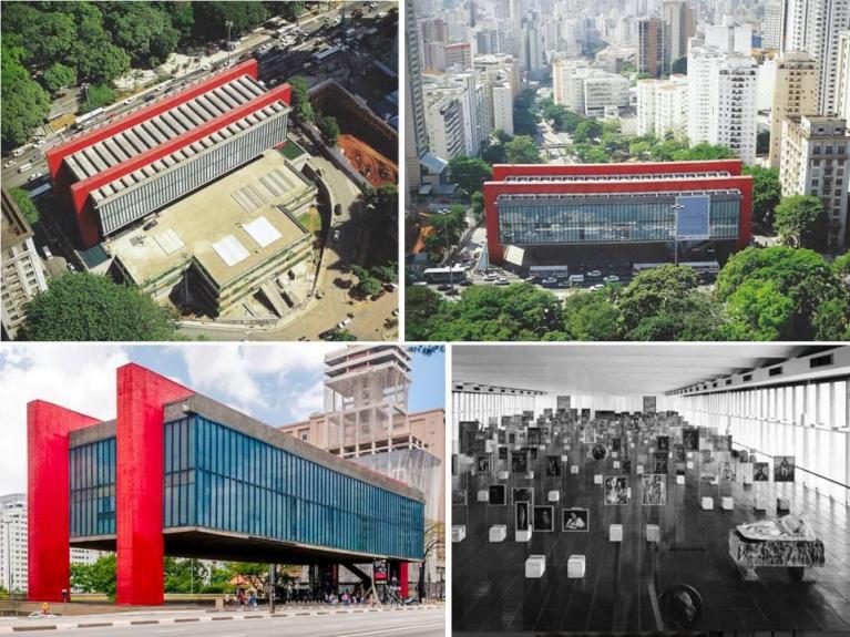 Museu de Arte de São Paulo (MASP) progettato da Lina Bo Bardi tra il 1957 e il 1969. In alto: due vedute aeree da cui si coglie la presenza della natura strettamente connessa all’architettura. In basso: una veduta dell’esterno; l’allestimento in una foto degli anni cinquanta, con i cubi di cemento a sostegno dei pannelli di cristallo trasparente su cui sono appese le opere d’arte.
