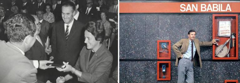 Franco Albini e Franca Helg ricevono il Compasso d’Oro per il progetto e la realizzazione della metropolitana milanese, 1964; Bob Noorda, accanto a un esempio della segnaletica della MM che è valsa anche a lui il Compasso d’Oro.