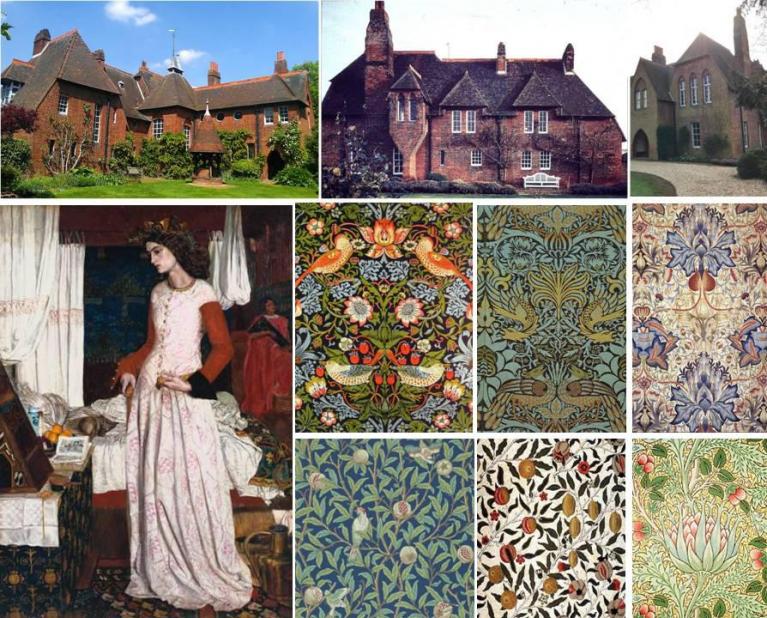 In alto: alcune vedute della Red House. In basso: William Morris, La belle Iseult, 1858, Londra, Tate Gallery; alcuni esempi di disegni di William Morris per tessuti e carta da parati, dominati dal colore e dal linearismo a motivi naturalistici.