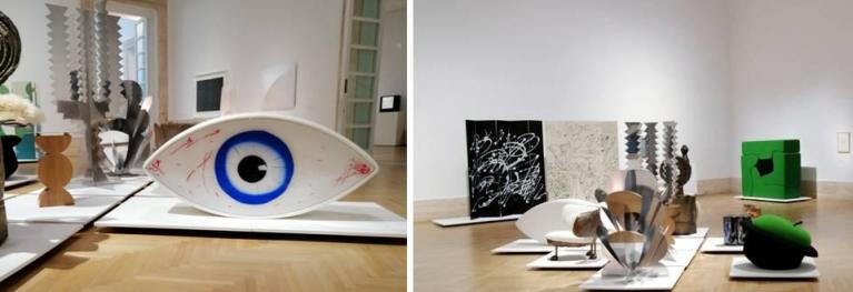 Scorci della mostra Reflections, presso la GNAM. A sinistra: Studio Gavina, tavolino Costantin, omaggio a Constantin Brancusi, (1971, Simon Ultramobile, Riedizione Cassina); Man Ray, Le Temoin, 1918 (1971, Simon Ultramobile), sullo sfondo, Giacomo Balla, Fiori Futuristi, 1918-1925 (2004, Simongavina, Paradisoterrestre). A destra: sullo sfondo, Dino Gavina, Kazuhide Takahama, Paravento omaggio a Jackson Pollock, 1977 (Simon); sullo sfondo a destra, Roberto Sebastian Matta, Malitte, 1966 (Gavina). In primo piano a sinistra, Roberto Sebastian Matta, Sacco alato, 1970 (Simon Ultramobile; riedizione 2019, Paradisoterrestre); Giacomo Balla, Fiori futuristi, 1918-1924, (2004 Simongavina); Roberto Sebastian Matta, MAgriTTA, 1970 (Simon Ultramobile; riedizione Gufram 2021).