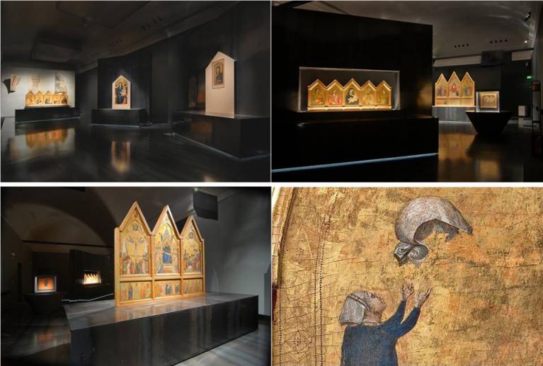 Milano, Palazzo Reale, 2 settembre 2015 / 10 gennaio 2016, mostra: “Giotto e l’Italia”, alcuni scorci dell’allestimento belliniano. (ph. Raffaele Cipolletta); a destra dettaglio del velo di Plautilla, dal verso del Polittico Stefaneschi.