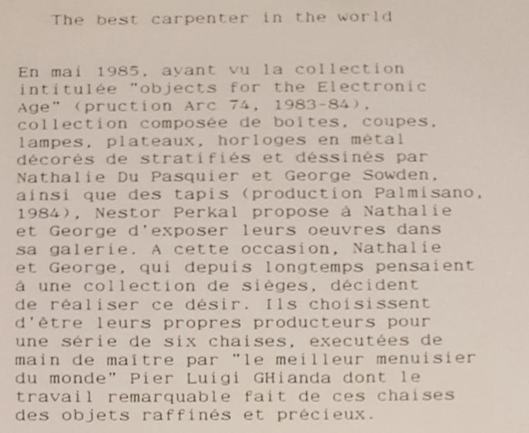 Estratto da una nota di Judith du Pasquier, sorella di Nathalie, del gruppo Memphis, 1986. (Archivio Ghianda).