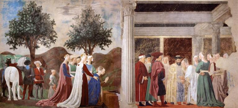 Piero della Francesca, La regina di Saba riconosce il legno dell'albero della Conoscenza e della vera croce (1452- 1466), Arezzo, basilica di San Francesco.