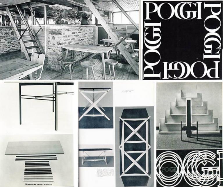 Ditta Poggi, arredi per il Rifugio Pirovano a Cervinia, progetto Franco Albini e Gino Colombini, 1950-51; il logo della ditta Poggi nella sua ultima versione, progetto grafico di Antonio Boggeri, 1970; Ezio Poggi, Roberto Poggi, scrivania P4 smontabile, con fotografia dei singoli pezzi componenti, 1954; Franco Albini per Poggi, tavolo TL2 Cavalletto, inserzione pubblicitaria su Domus, n. 312, novembre 1955; volantino pubblicitario della ditta Poggi con la libreria LB52 Uno sull’altro di Ugo La Pietra (1970) e la sedia Golem di Vico Magistretti (1968 circa), progetto grafico di Ennio Lucini.
