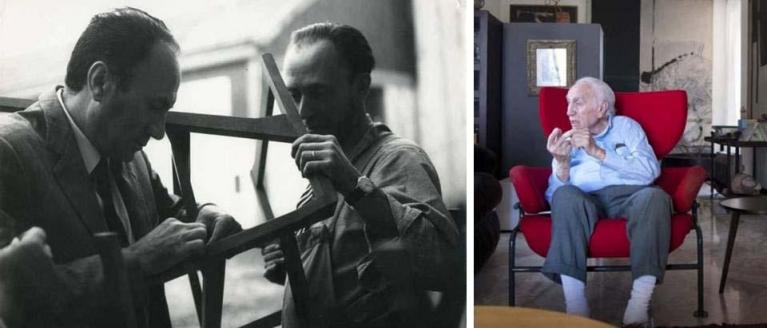 Un giovane Roberto Poggi ritratto con un collaboratore mentre lavora alla poltrona Luisa di Franco Albini. Roberto Poggi nel 2014 seduto sulla poltrona PL19, detta Tre pezzi, progettata nel 1957 da Franco Albini con Franca Helg.