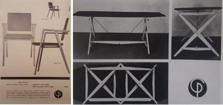 Due pubblicità della ditta Carlo Poggi, la prima tratta da Stile Industria nr. 17, 1958 (grafica Bonfanti) con la poltrona “Luisa” di Franco Albini, 1949, la seconda con il tavolo a cavalletto di Franco Albini del 1950, visto frontalmente, lateralmente e ripiegato. Il logo della Carlo Poggi è di Albe e Lica Steiner, così come è loro la progettazione grafica di molte pagine pubblicitarie dell’azienda (notizia avuta da Anna Steiner).