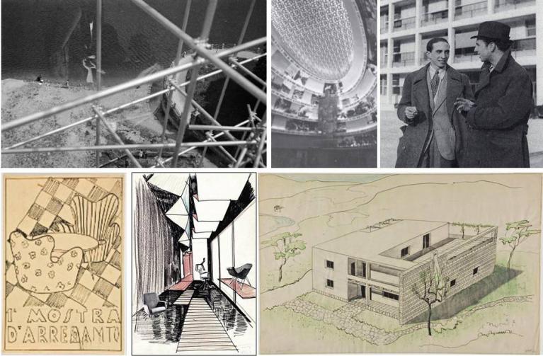 Sopra: Como, Mostra Coloniale, Torre di segnalazione ,Villa Olmo, 1937, Ph. Ico Parisi (Como, Pinacoteca Civica di Palazzo Volpi); Como, Mostra Coloniale, Salone d’onore, 1937; Ico Parisi e Giovanni Galfetti a Como, davanti alla Casa del Fascio di Terragni negli anni Quaranta. Sotto: bozzetto per il manifesto della I mostra dell’arredamento, Como, 1945 (inchiostro di china su carta, Modena, Galleria Civica); progetto per la I mostra dell’arredamento, Como, 1945; progetto per la casa di Alida Valli, 1939, (carta da lucido, inchiostro di china e matita, Modena, Galleria Civica)