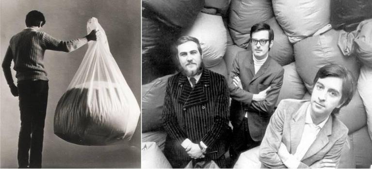 Il sacco con cui i giovani progettisti si sono presentati da Zanotta per proporre la loro idea di seduta; Piero Gatti, Cesare Paolini e Franco Teodoro.