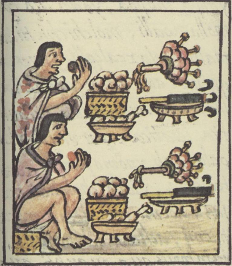 Uomini aztechi a un banchetto. Codice fiorentino, tardo XVI secolo.