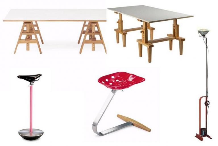 In alto: Tavolo Leonardo e tavolo Bramante, 1950. In basso: sgabello Sella e sgabello Mezzadro, 1957; lampada Toio, 1962.