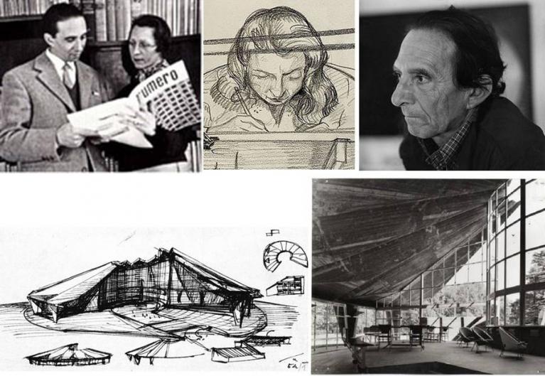 Sopra: Ico e Luisa Parisi nel 1953 mentre sfogliano la rivista “Numero” del gennaio-marzo di quello stesso anno, dove era stata pubblicata una fondamentale inchiesta fatta da Ico Parisi sulla nuova architettura; Luisa Aiani ritratta in un disegno di Ico; Ico Parisi. Sotto: schizzo per il Padiglione di Soggiorno, X Triennale, 1954, (inchiostro di china su carta, Galleria Civica, Modena); veduta interna del Padiglione di Soggiorno, con gli arredi progettati dal Pa, sono riconoscibili le poltrone Uovo 813 (Archivio Ico Parisi, Como).Ico e Luisa Parisi, rendering di un progetto di interni realizzato per un cliente degli Stati Uniti nel 1953; gouache su carta. Collezione privata. In basso a destra: schizzo per la Poltrona Uovo (penna su carta, Galleria Civica. Modena).