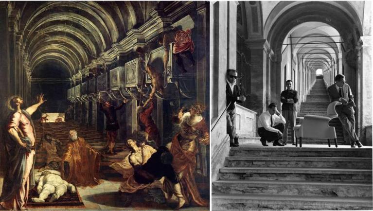 Tintoretto, Ritrovamento del corpo di San Marco, olio su tela, 1562 e il 1566, Milano, Pinacoteca di Brera. Dino Gavina, Achille e Pier Giacomo Castiglioni e Michele Provinciali fotografati accanto alla poltrona Sanluca sotto il portico di San Luca a Bologna, 1960. © Mauro Masera. Università IUAV di Venezia, Archivio Progetti.