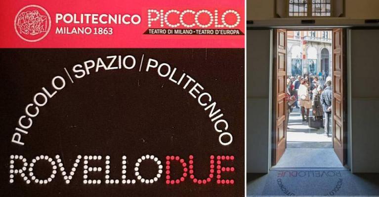 Il logo del Rovello Due – Piccolo Spazio Politecnico. Veduta dell’ingresso dello spazio espositivo dall’interno.