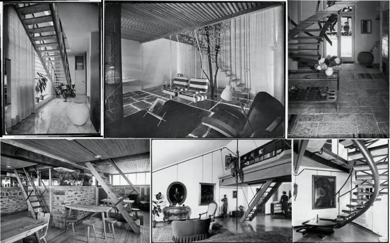 In alto: arredamento di Villa Pestarini, Milano, 1938; stanza di soggiorno di una villa, Milano, VII Triennale, 1940; villa Neuffer, Ispra, 1940, veduta dall’esterno della scala. In basso: arredamento del Rifugio Pirovano, Cervinia, 1948-52; arredamento della casa di un amatore d’arte (Casa Marcenaro) Genova, 1954, due vedute.