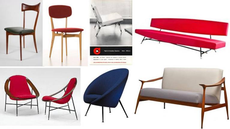 Sopra: sedia, 1947, Ariberto Colombo; sedia 691, 1955, Cassina (segnalata al Compasso d’Oro nel 1955); Sedia 835, 1957, Cassina; divano 865, 1955, Cassina. Sotto: poltrona Conca 839, 1955, Cassina (segnalata al Compasso d’Oro nel 1955); poltrona Uovo 813, 1957 (medaglia d'oro al mostra Colori e Forme Nelle Casa d'oggi, Como, 1957), Cassina; divano Lord, 1957, Fratelli Reguitti.