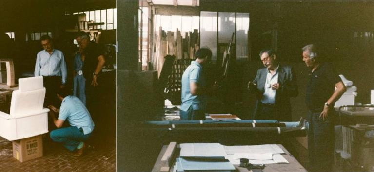 Ettore Sottsass, Francesca Ghianda, Pierluigi Ghianda e Marzo Zanini nel laboratorio di falegnameria di Bovisio-Masciago; Marco Zanini, Ettore Sottsass, Pierluigi Ghianda al lavoro in bottega, 1982-86. (Archivio Ghianda)