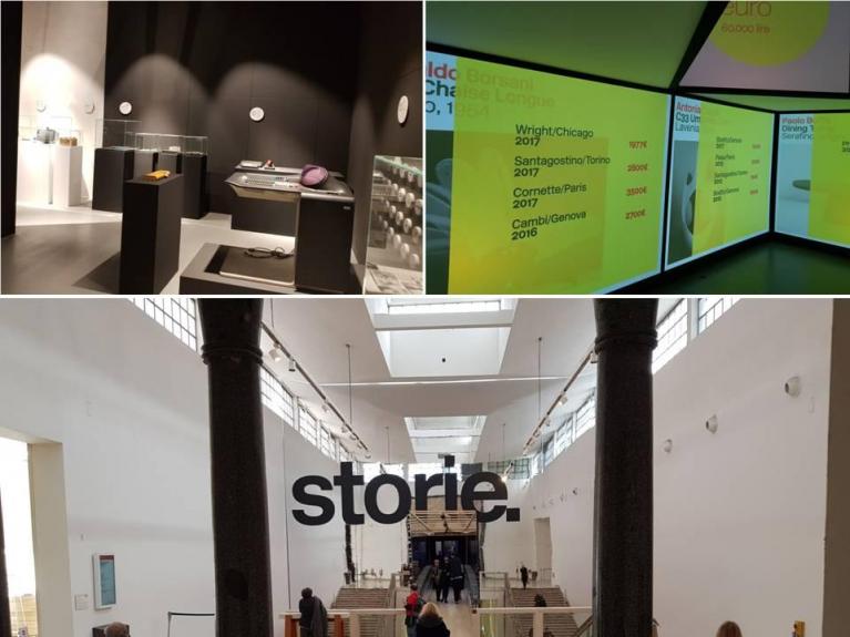 La stanza della Tecnologia; la stanza delle aste di design e il logo della mostra. (ph. MLG).
