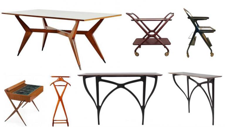 Sopra: tavolo da pranzo, 1950, MIM; carrello in noce e vetro, 1950; carrello bar, 1950. Sotto: consolle con piano in rame smaltato con disegni di Pietro Zuffi eseguito da Paolo De Poli, 1954, Altamira (USA); servomuto Gentleman, Fratelli Reguitti, 1950 circa; due vedute della consolle in palissandro, 1949, Spartaco Brugnoli.