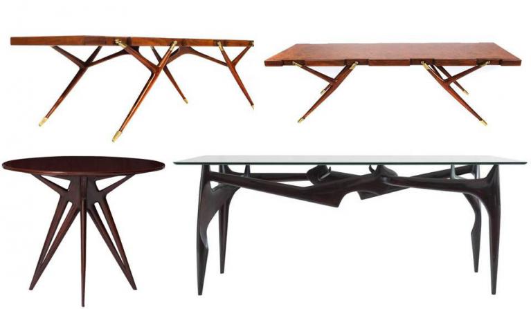 In alto: tavolo mensola mod. 1109, in noce lucido con piedini e attacchi in metallo argentato e ottone, progettato nel 1947. In basso: tavolo tondo; tavolo da pranzo scultoreo progettato con la collaborazione di Edgardo Mannucci per una residenza privata a Roma circa 1950, piano in cristallo di Fontana Arte, pezzo unico.