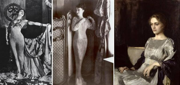 Mata Hari con una sciarpa Knossos; Lillian Diana Gish con un abito Delphos, 1920; Miss Muriel Gore ritratta da Sir Oswald Hornby Joseph Birley con indosso un abito Delphos e una sciarpa Knossos, 1919.