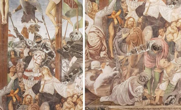Gaudenzio Ferrari, Storie della vita di Gesù, 1513. Varallo, Chiesa di Santa Maria delle Grazie. Sotto: dettagli della Crocifissione.
