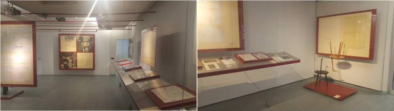 Due vedute della mostra Il mondo di Poggi. L’officina del design e delle arti, allestita presso lo Spazio Mostre Archivi Storici del Politecnico di Milano, Campus Bovisa a cura di Roberto Dulio e Stefano Andrea Poli, con Claudio Camponogara, Vincenzo Ficco e Marco Vitale; a destra il tavolino Cicognino di Franco Albini.