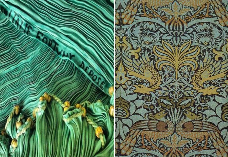 Mariano Fortuny, dettaglio di tessuto plissettato, 1910 circa (che sembra alludere al moto ondoso, lento, fitto e serpeggiante delle acque verde-acquamarina della Laguna veneziana). William Morris, tessuto con pavoni e draghi, 1878 (che pare interpretare poeticamente gli intrichi vegetali e il verde dorato della campagna inglese).