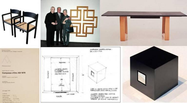 Alcune delle realizzazioni di Pierluigi Ghianda su progetto di Lella e Massimo Vignelli. In alto: Acorn Chair poi prodotta da Sunar; croce per la chiesa newyorkese di St. Peter, 1977, in una foto che ritrae il Ghianda tra Massimo e Lella Vignelli, fatta in occasione del trentennale della inaugurazione della chiesa; prototipo di tavolo in legno e cuoio per Rosenthal Studio Line, 1982 circa. In basso: il diploma di selezione della sedia Acorn al Premio Compasso d’Oro del 1979; disegno di progetto di Massimo Vignelli della propria urna cineraria; l’urna realizzata in legno di ebano Gabon.